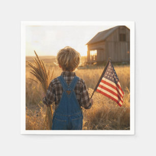 Patriotic Boy with American Flag and Wheat Napkins
