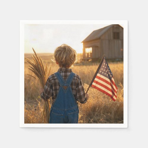 Patriotic Boy with American Flag and Wheat Napkins