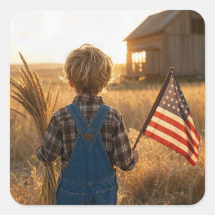Patriotic Boy with American Flag and Wheat Square Sticker