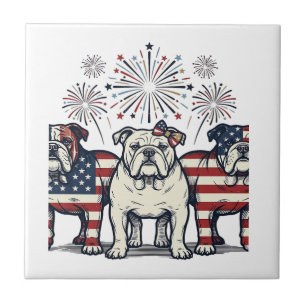 Patriotic Bulldog Fireworks Vintage Engraving Desi Ceramic Tile