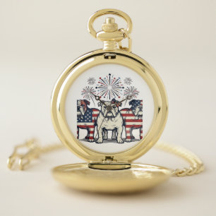 Patriotic Bulldog Fireworks Vintage Engraving Desi Pocket Watch