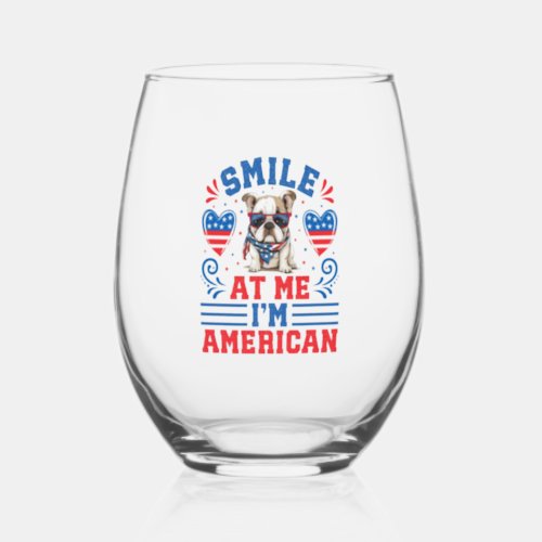 Patriotic Bulldog for 4th Of July Stemless Wine Glass