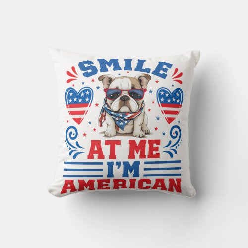 Patriotic Bulldog for 4th Of July Throw Pillow
