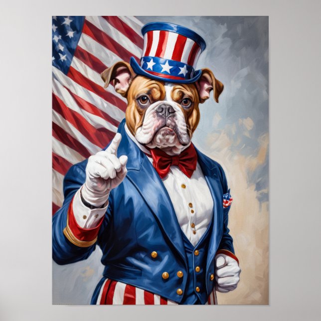 Patriotic Bulldog in Uncle Sam pose Poster (Front)