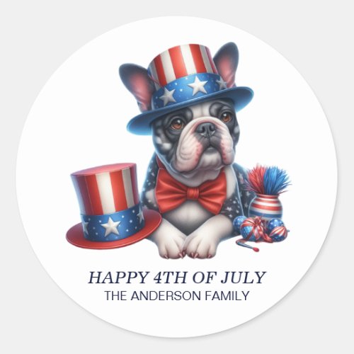 Patriotic Bulldog Top Hat Red White Blue 4th July  Classic Round Sticker