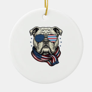 Patriotic Bulldog Vintage Engraving Shirt Design_1 Ceramic Ornament