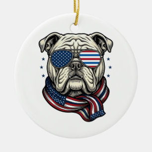 Patriotic Bulldog Vintage Engraving Shirt Design_1 Ceramic Ornament