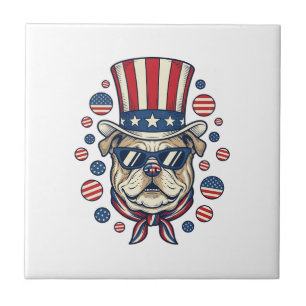 Patriotic Bulldog Vintage Engraving Shirt Design ( Ceramic Tile