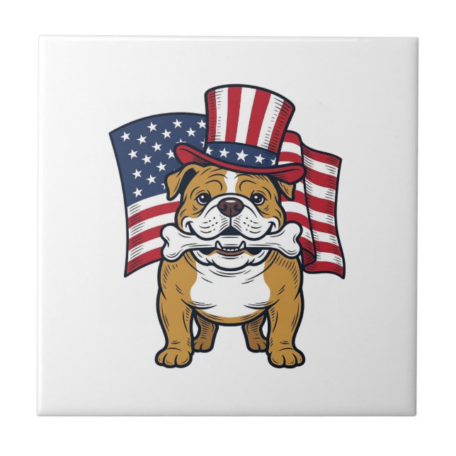 Patriotic Bulldog With Flag Vector Design_1 Ceramic Tile (Front)