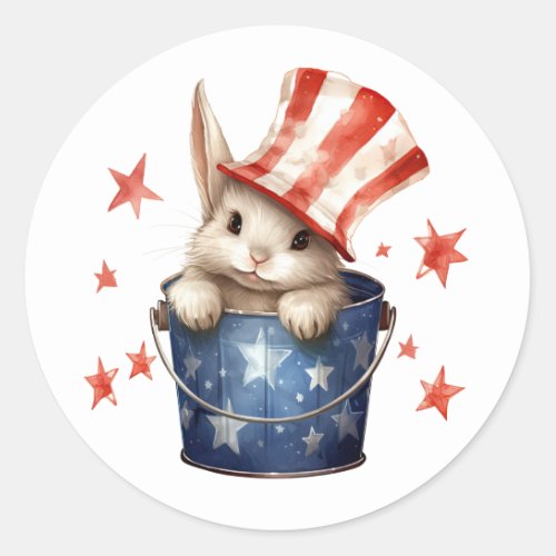 Patriotic Bunny Rabbit Red White Striped Top Hat Classic Round Sticker