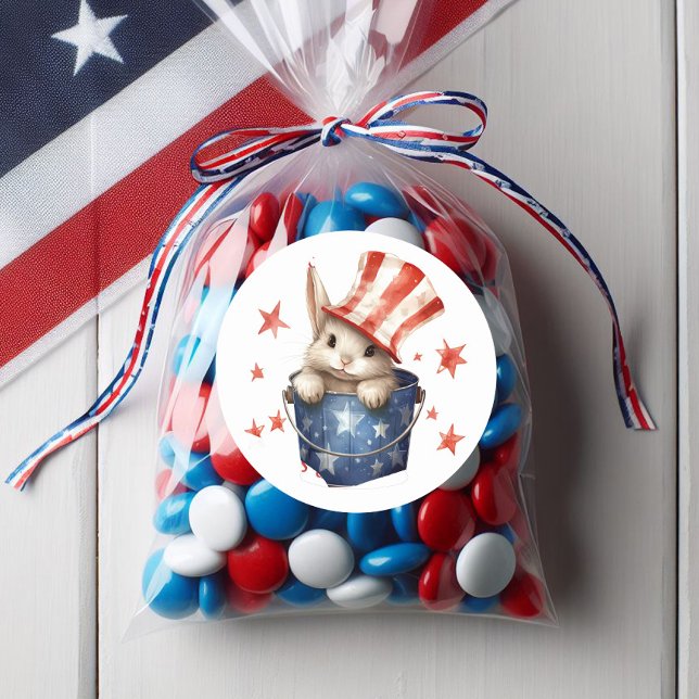 Patriotic Bunny Rabbit Red White Striped Top Hat Classic Round Sticker (Cute patriotic bunny rabbit sticker)