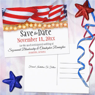 Patriotic Bunting and Stars Custom Save The Date Announcement Postcard