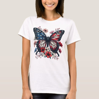Patriotic Butterfly 4th of July Floral USA Flag T-Shirt