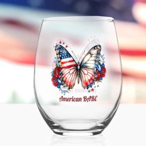 Patriotic Butterfly American Babe Name Stemless Wine Glass