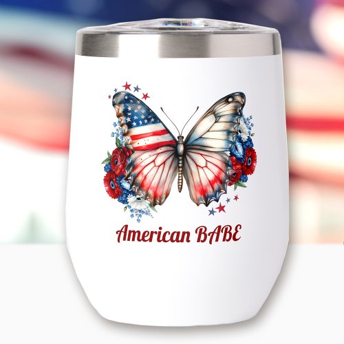 Patriotic Butterfly American Babe Name Thermal Wine Tumbler