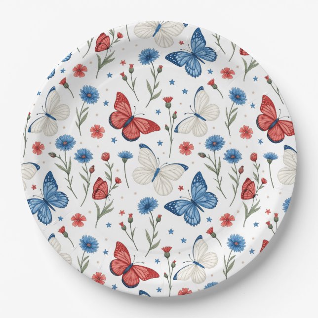 Patriotic Butterfly and Floral Pattern Paper Plates (Front)