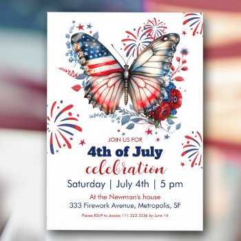 Patriotic Butterfly & Fireworks 4th Of July Party Invitation by KateEdenArt at Zazzle