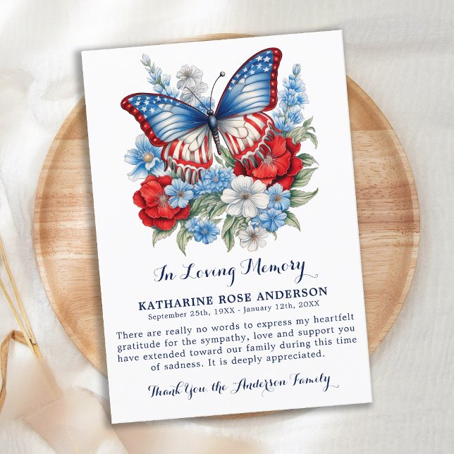 Patriotic Butterfly Floral Modern Funeral Memorial Thank You Card (Creator Uploaded)