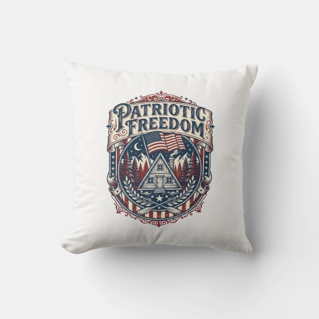 Patriotic Cabin Weekend Vector Graphic Tee_1 Throw Pillow (Front)