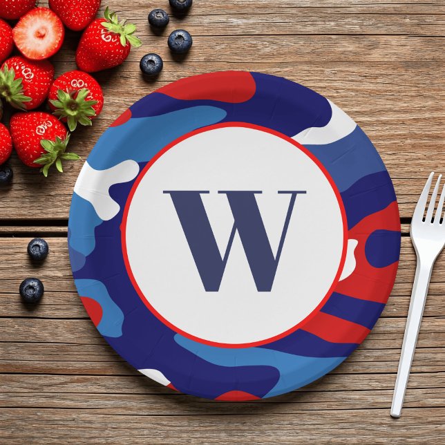 Patriotic Camo Red White and Blue Camouflage Party Paper Plates (For 4th of July and BBQs, just add your initial and fill with food)