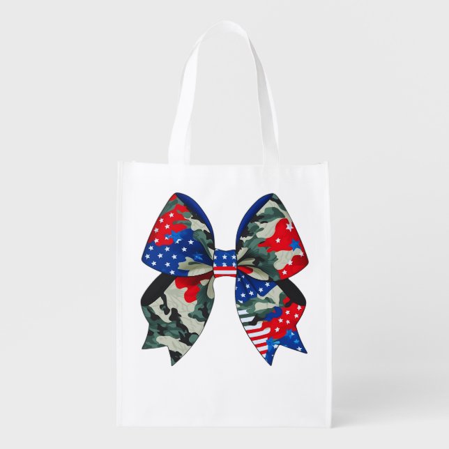 Patriotic Camouflage Bow Design - Stars and Stripe Grocery Bag (Front)