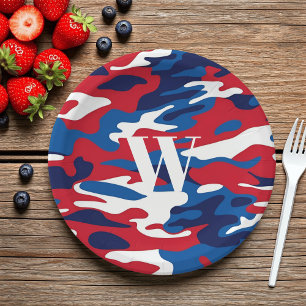 Patriotic Camouflage Monogram Red White Blue Camo Paper Plates