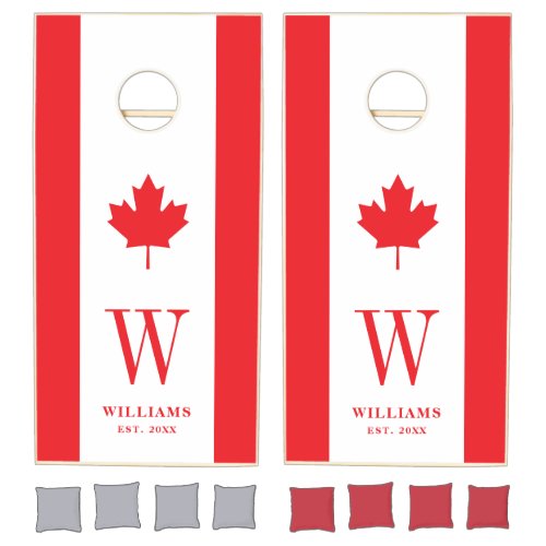 Patriotic Canadian Flag Family Name Monogram Cornhole Set