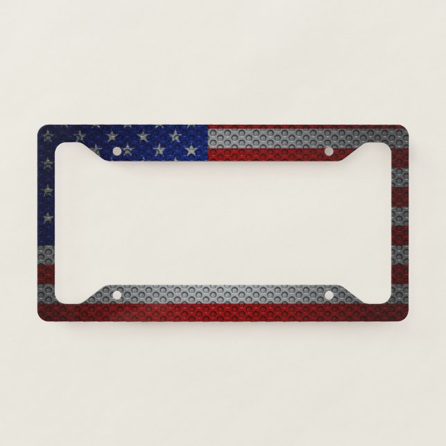 Patriotic Carbon Fiber Metal Steel American Flag License Plate Frame (Front)
