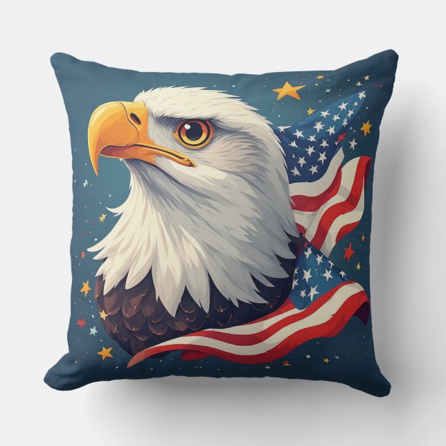 Patriotic Cartoon Eagle with American Flag Throw Pillow (Front)