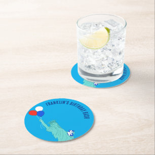 Patriotic Cartoon Statue of Liberty Birthday Party Round Paper Coaster