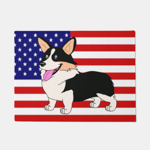 Patriotic Cartoon Welsh Corgi dog with Flag Doormat