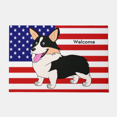 Patriotic Cartoon Welsh Corgi dog with Flag Doormat