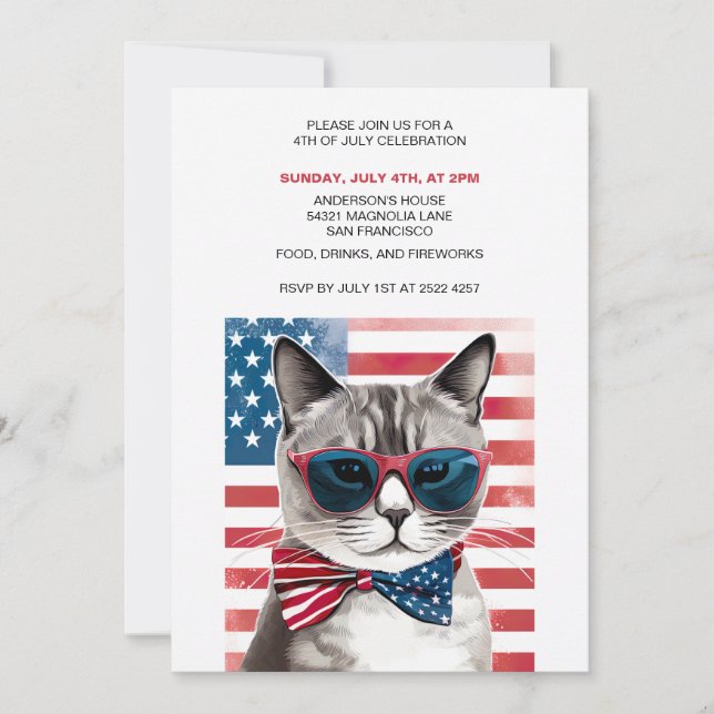 Patriotic Cat 4th Of July Invitations (Front)