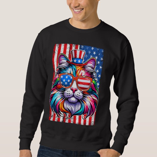 PATRIOTIC CAT AMERICAN FLAG FUNNY 4TH OF JULY SWEATSHIRT (Front)