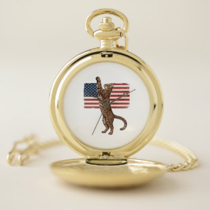 Patriotic Cat American Flag Vintage Vector Design_ Pocket Watch