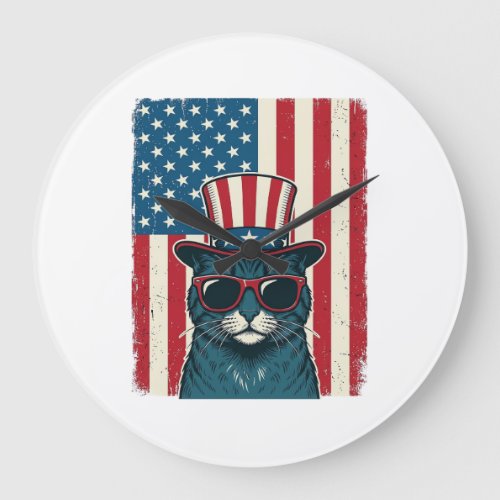 Patriotic Cat Flag Vintage Engraving Shirt Design_ Large Clock