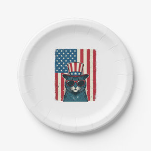 Patriotic Cat Flag Vintage Engraving Shirt Design_ Paper Plates