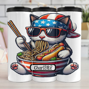 Patriotic Cat: Ramen, Hot Dog Feast Thermal Tumbler