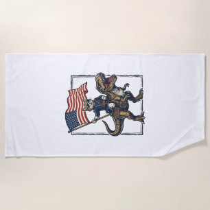 Patriotic Cat Riding Dinosaur Vintage Vector Desig Beach Towel