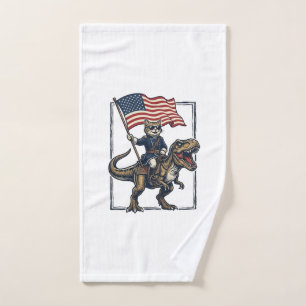 Patriotic Cat Riding Dinosaur Vintage Vector Desig Hand Towel