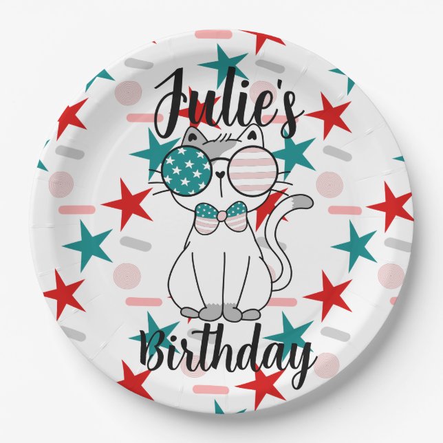 Patriotic Cat Sprinkles and Stars Birthday Party Paper Plates (Front)