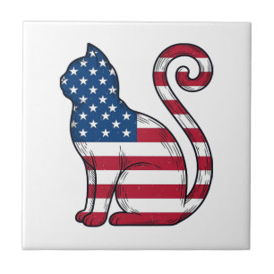 Patriotic Cat Vintage Engraving Vector Design_1 Ceramic Tile