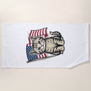 Patriotic Cat with American Flag Vintage Vector De Beach Towel