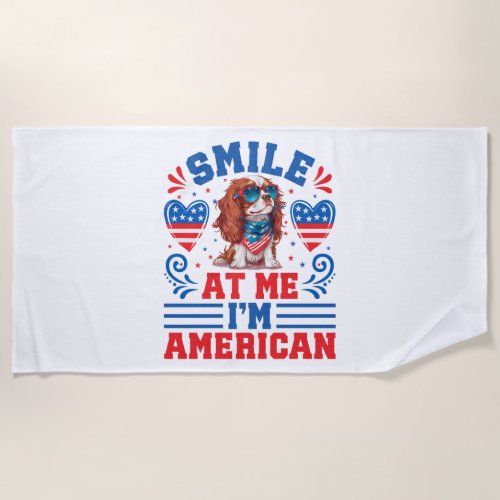 Patriotic Cavalier Dog for 4th Of July Beach Towel