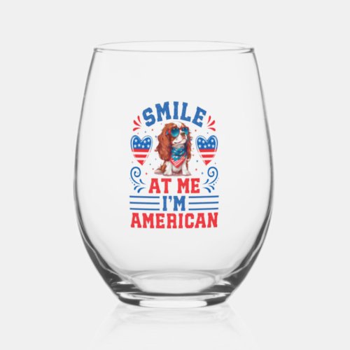 Patriotic Cavalier Dog for 4th Of July Stemless Wine Glass