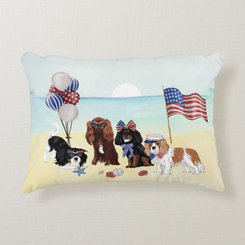 Patriotic Cavalier King Charles Spaniels Beach  Accent Pillow