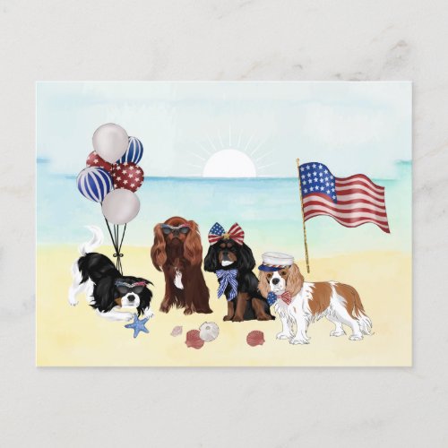 Patriotic Cavalier King Charles Spaniels Beach  Postcard