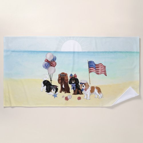 Patriotic Cavalier King Charles Spaniels Beach Towel