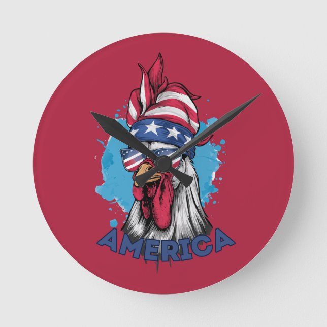 Patriotic Chicken in USA Bandana and Shades Round Clock (Front)