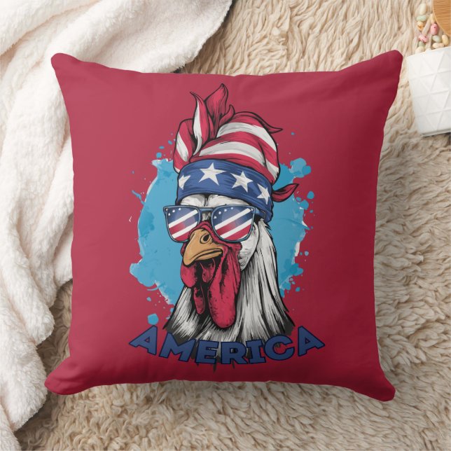 Patriotic Chicken in USA Bandana and Shades Throw Pillow (Blanket)